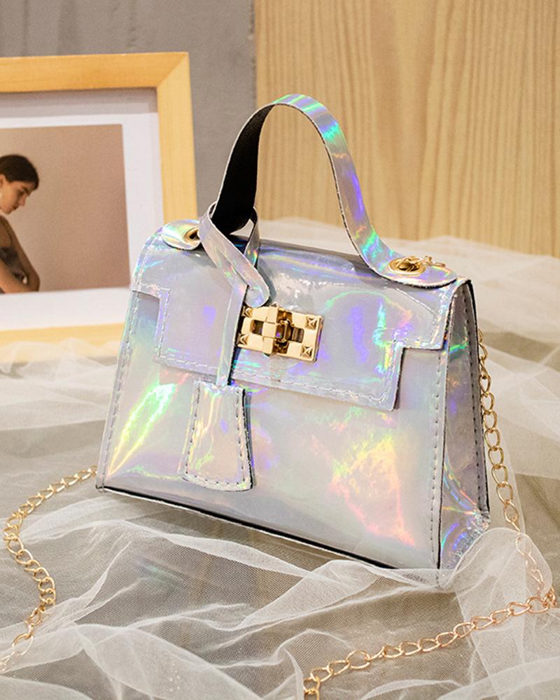 

Holographic Twist Lock Satchel Bag, Silver