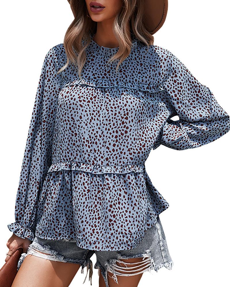 

Lantern Sleeve Cheetah Print Frill Hem Casual Top, Blue