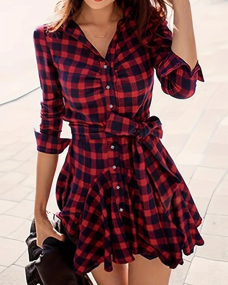 

Plaid Ruffles Hem Button Front Shirt Dress, Red