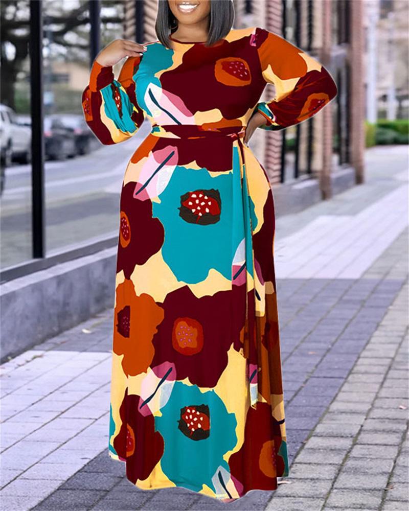 

Plus Size Floral Print Long Sleeve Belted Maxi Dress, Red