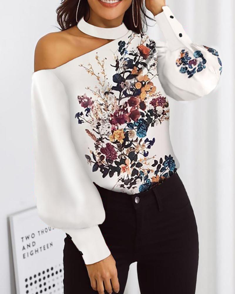 

One Shoulder Floral Print Lantern Sleeve Top, White