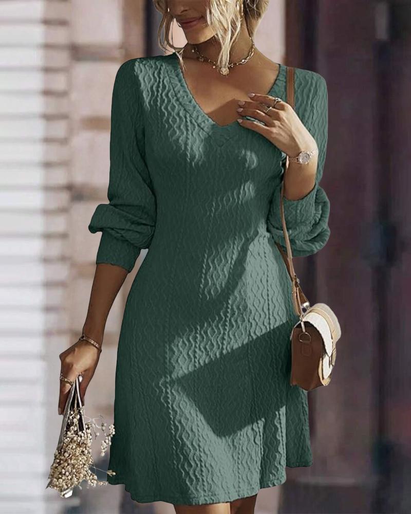 

Vestido mini de punto con escote en V y manga larga, vestido estilo suéter informal de corte A, Green