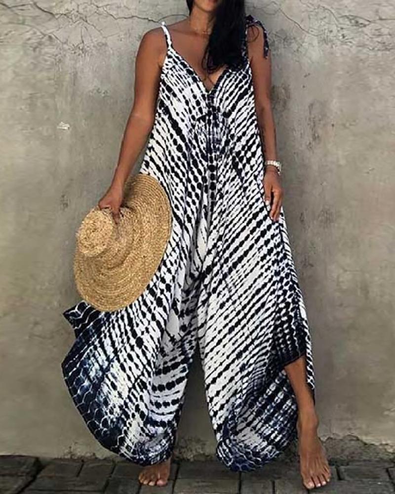 Spaghetti Strap Tie Dye Print V-Neck Wide Leg Jumpsuit