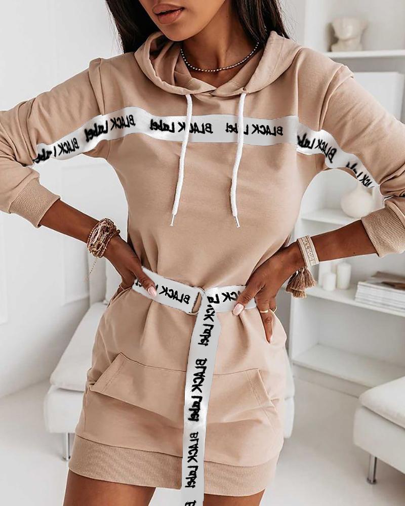 

Letter Print Hooded Pocket Front Dress With Belt, Pink