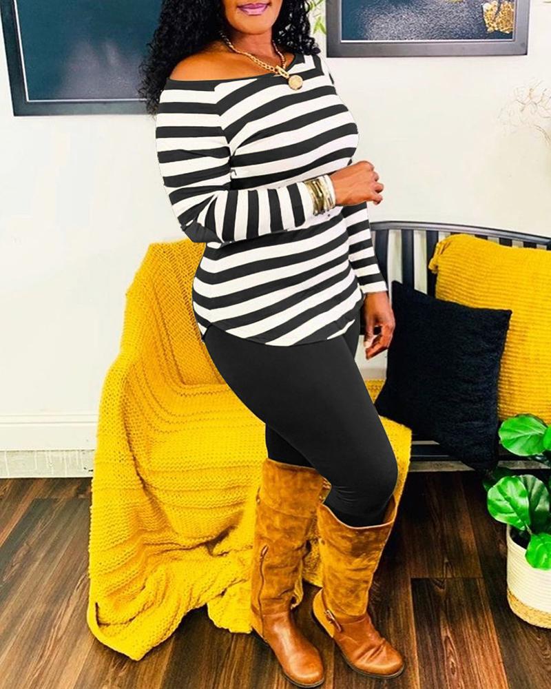 

Striped Long Sleeve Top & Pants Set, Black