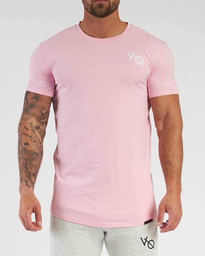 

Solid Color Splicing Letter Short Sleeve Sport T-shirt, Pink
