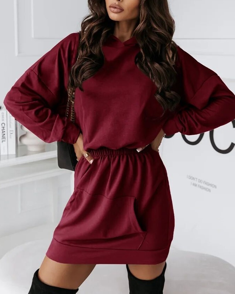 

Long Sleeve Pocket Detail Casual Sweatshirt Dress, Red