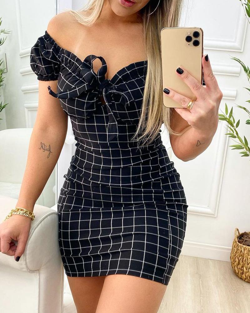 

Plaid Print Off Shoulder Bodycon Dress, Black