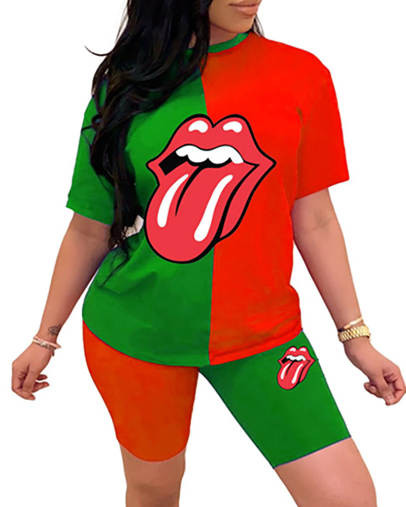 

Lip Print Colorblock Short Sleeve Top & Shorts Set, Green