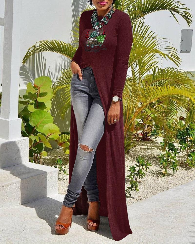 

Christmas Tree Letter Print High Split Longline Top, Wine red