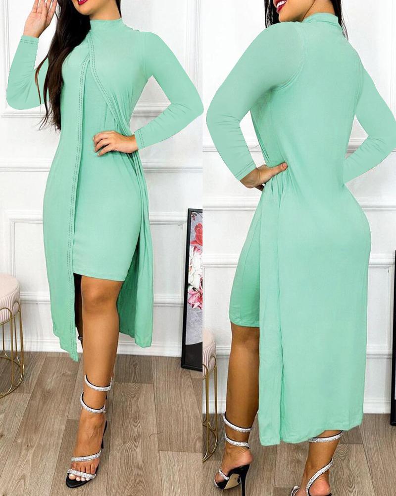 

Slit Asymmetrical Long Sleeve Casual Dress, Green
