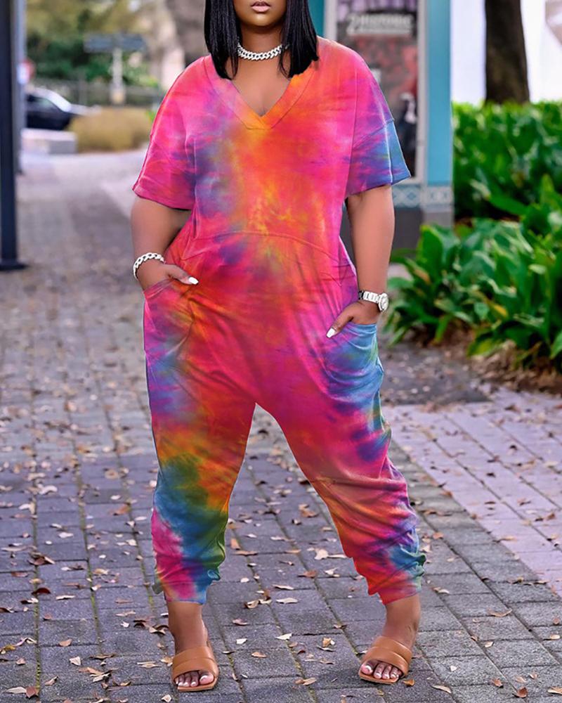 

Tie Dye Print Pocket Design Short Sleeve Jumpsuit, Hot pink