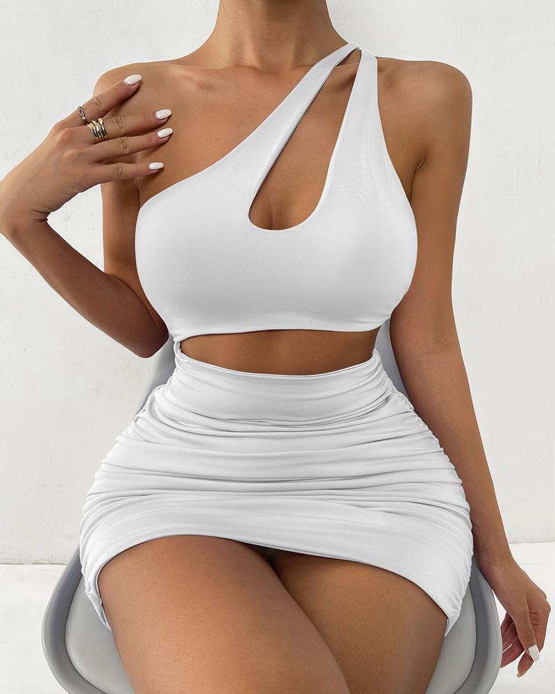 

Cutout One Shoulder Crop Top & Ruched Skirt Set, White