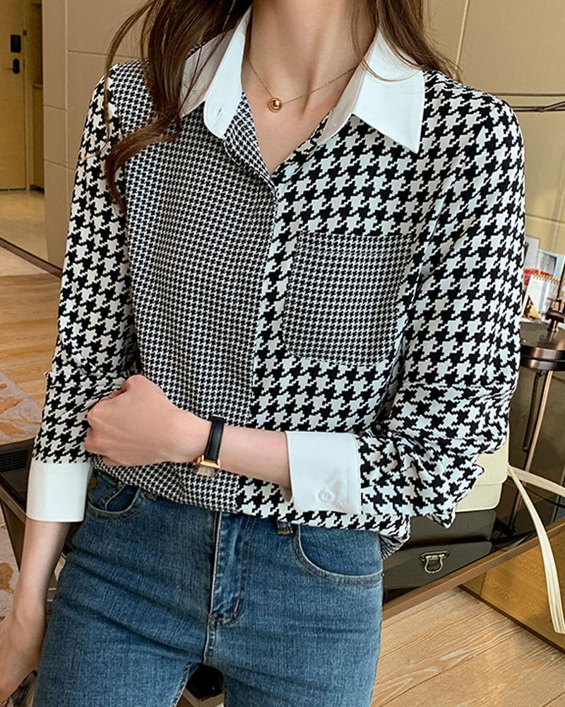 

Houndstooth Print Long Sleeve Button Up Shirt, Black