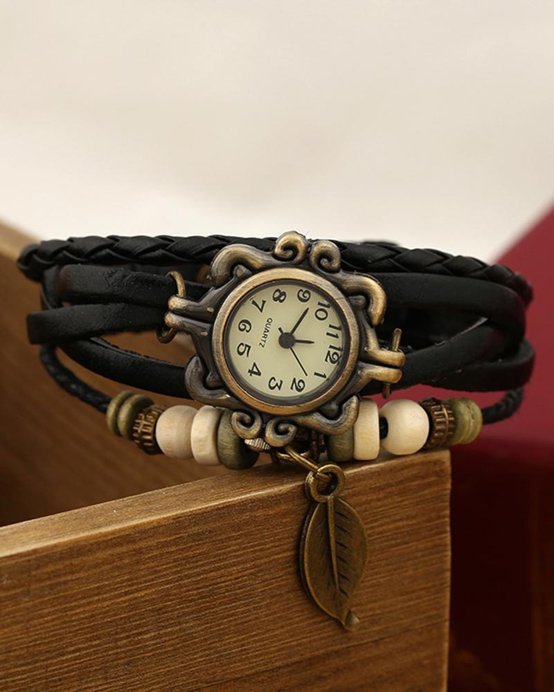 

1pc Braided Leaf Pattern Beaded Bohemian Wrap Around Watch, Black