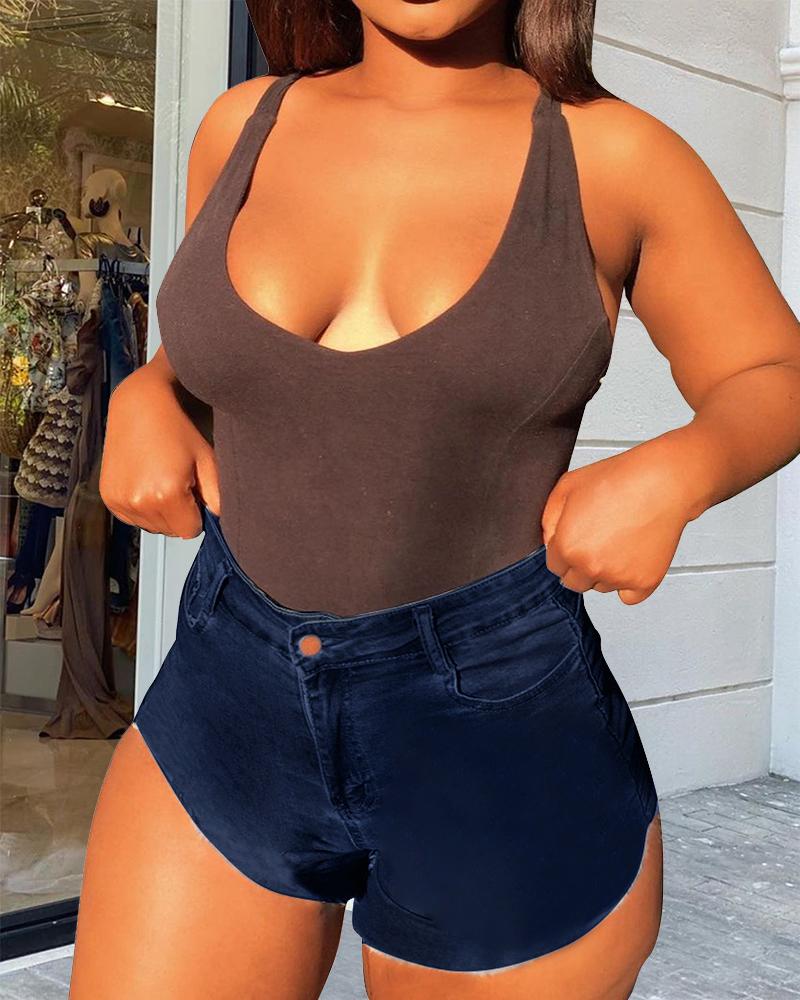 

Plain Bodycon Sexy Denim Shorts, Dark blue