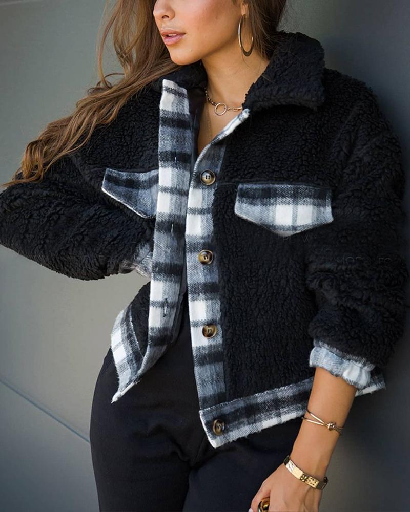 

Plaid Print Colorblock Button Pocket Design Teddy Coat, Black