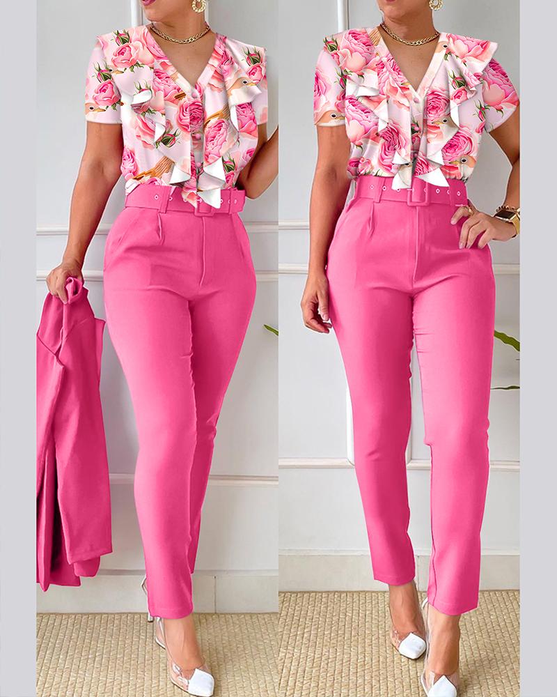 Floral Print Ruffles Top & High Waist Pants Set With Belt