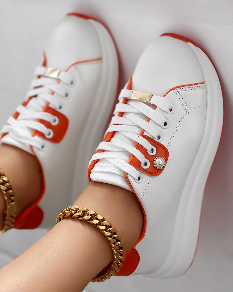 

Colorblock Eyelet Lace-up Muffin Sneakers, White&orange