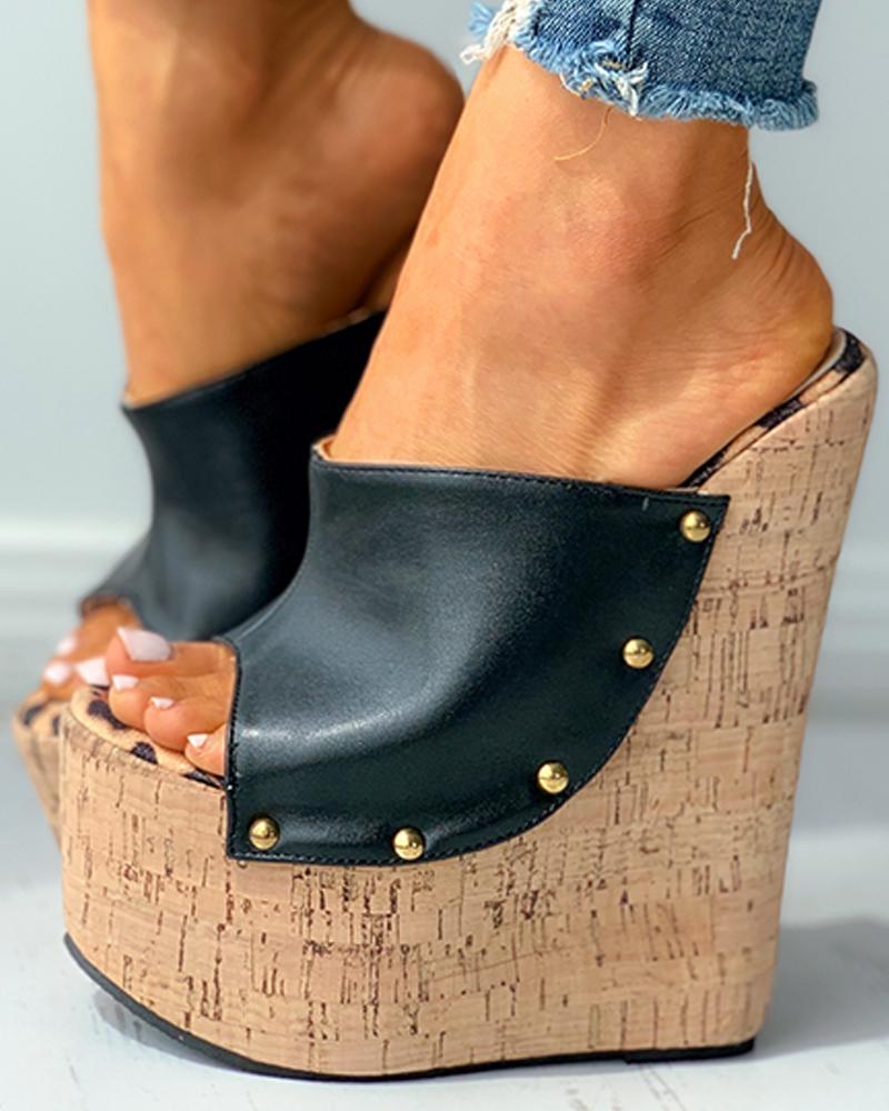 

Peep Toe Beaded Decor Cork Wedge Sandals, Black