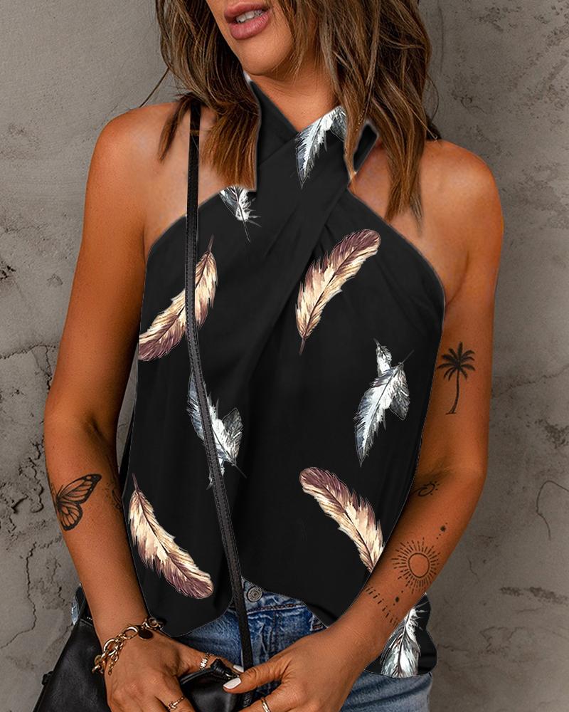 

Feather Print Crisscross Halter Top, Black
