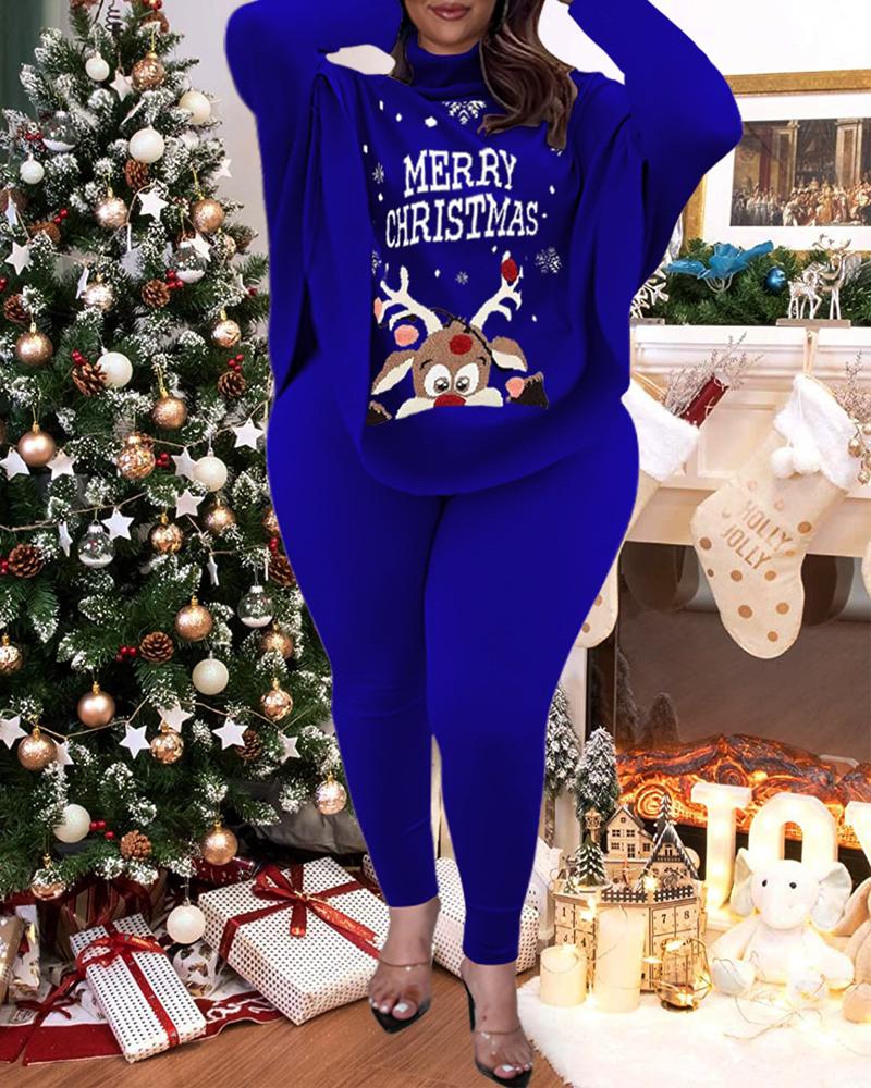 

Plus Size Christmas Elk Print Ribbed Top & Pants Set, Blue