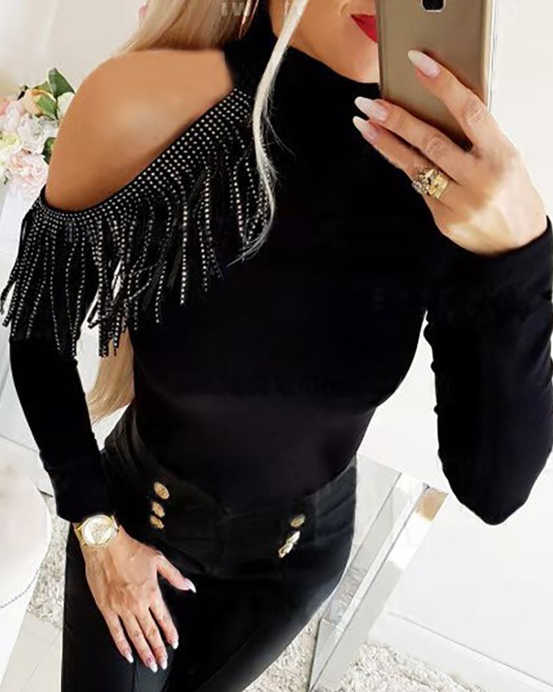 

Cold Shoulder Tassel Design Skinny Blouse, Black