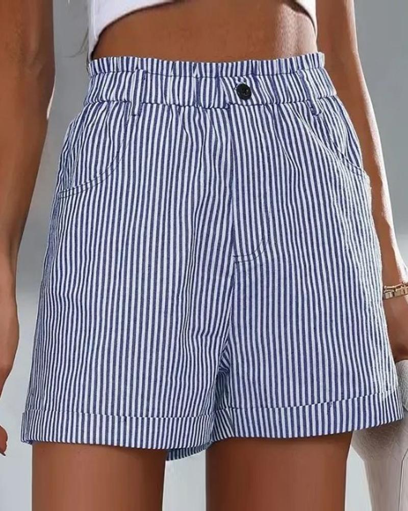 

Striped Pocket Button Design Ruched Shorts, Blue