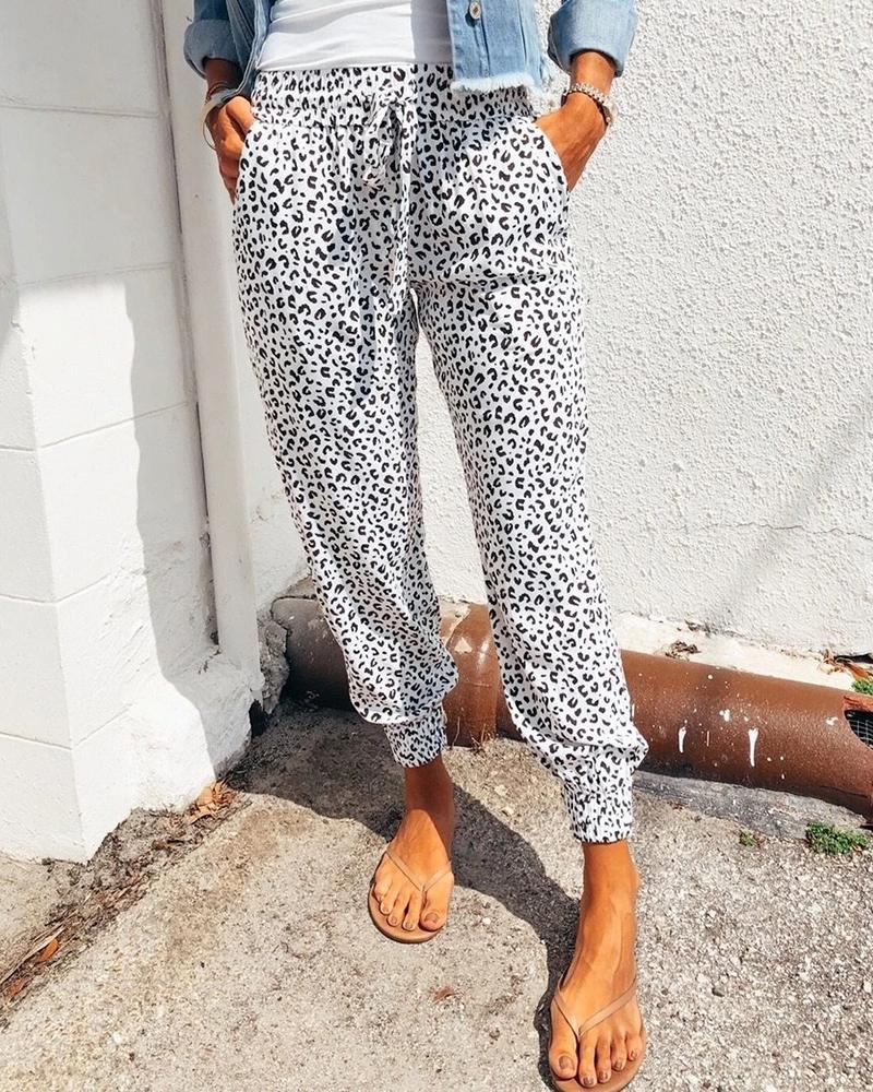 

High Waist Leopard Print Drawstring Pants, White