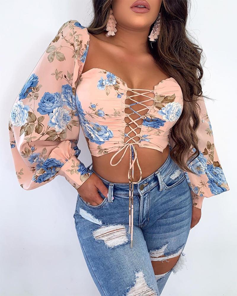 

Floral Print Drawstring Lace-up Crop Top, Pink