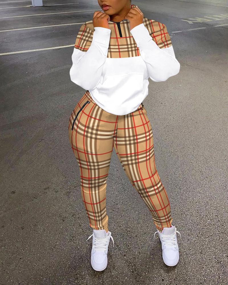 

Plaid Print Zip Detail Long Sleeve Top & Pants Set, Red