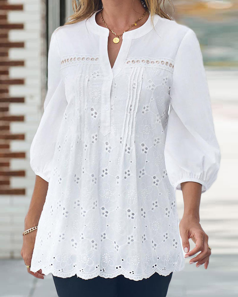 

Button Front Eyelet Embroidery Lantern Sleeve Top, White