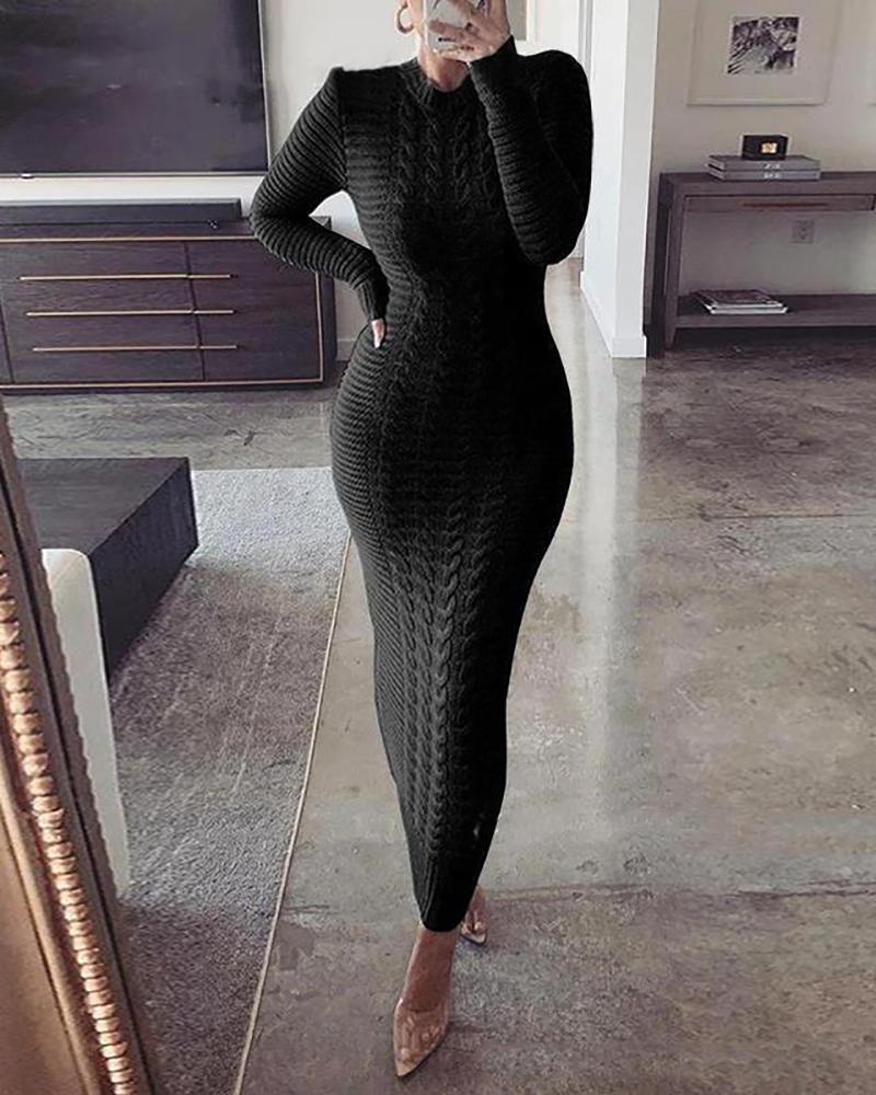 

Braided Knit Long Sleeve Bodycon Dress, Black