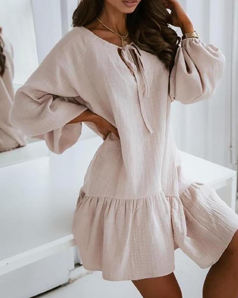 

Tie Front Lantern Sleeve Casual Dress, Apricot