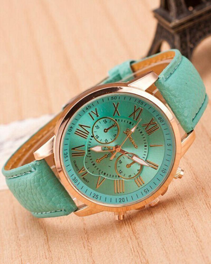 

1pc Leather Band Quartz Watch, Light green