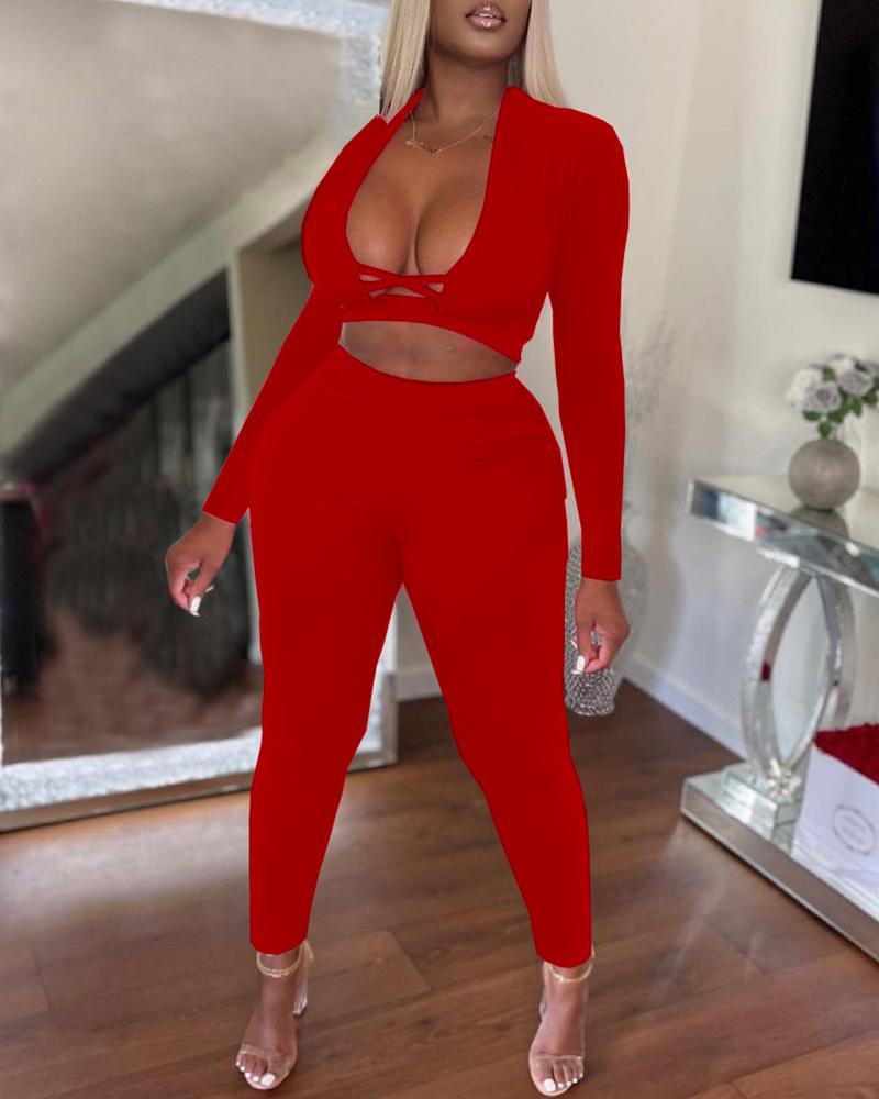 

Long Sleeve Plunge Crop Top & Pants Sets, Red
