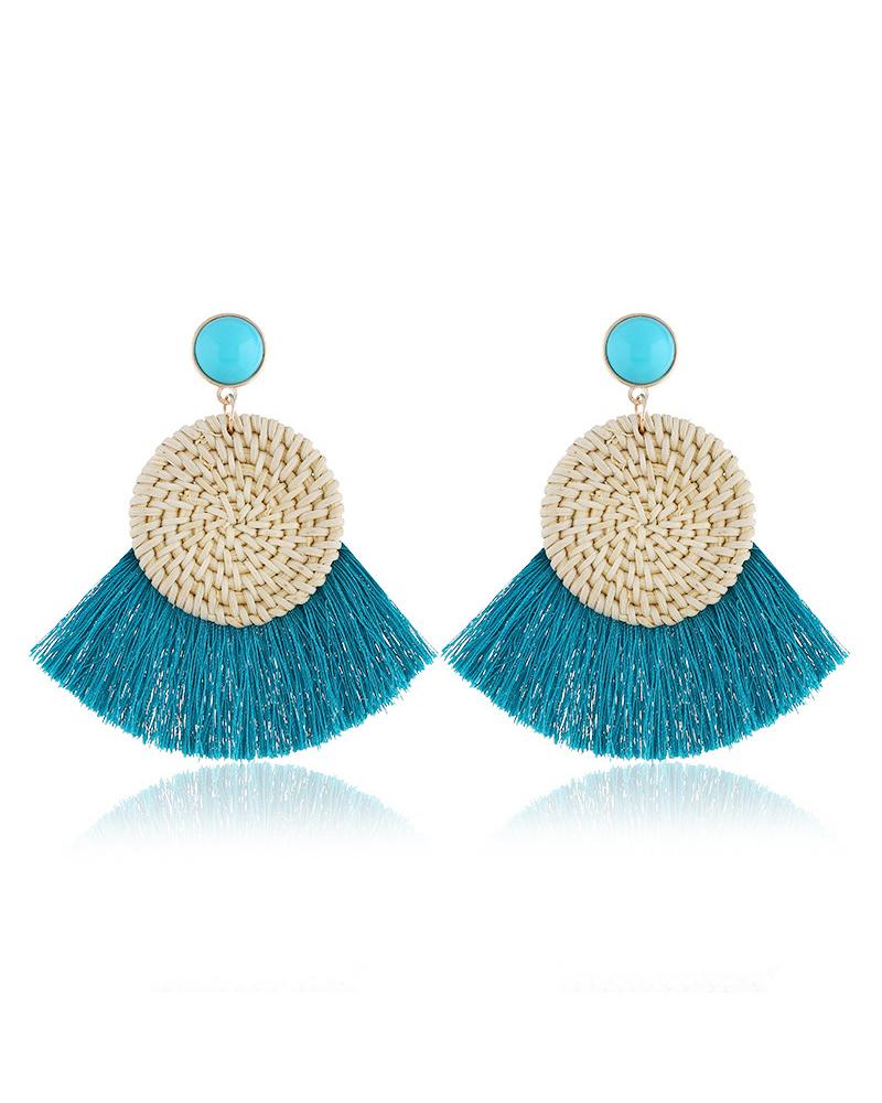 

1Pair Big Lightweight Geometric Statement Tassel Rattan Earrings, Blue
