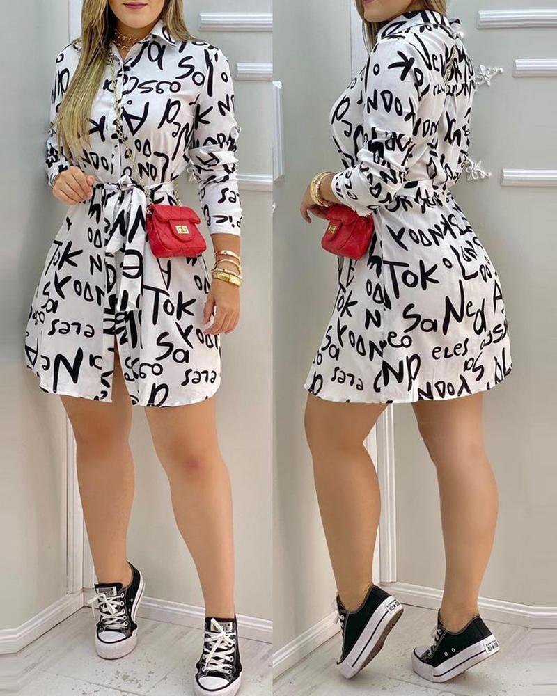 

Letter Print Long Sleeve Casual Shirt Dress, White