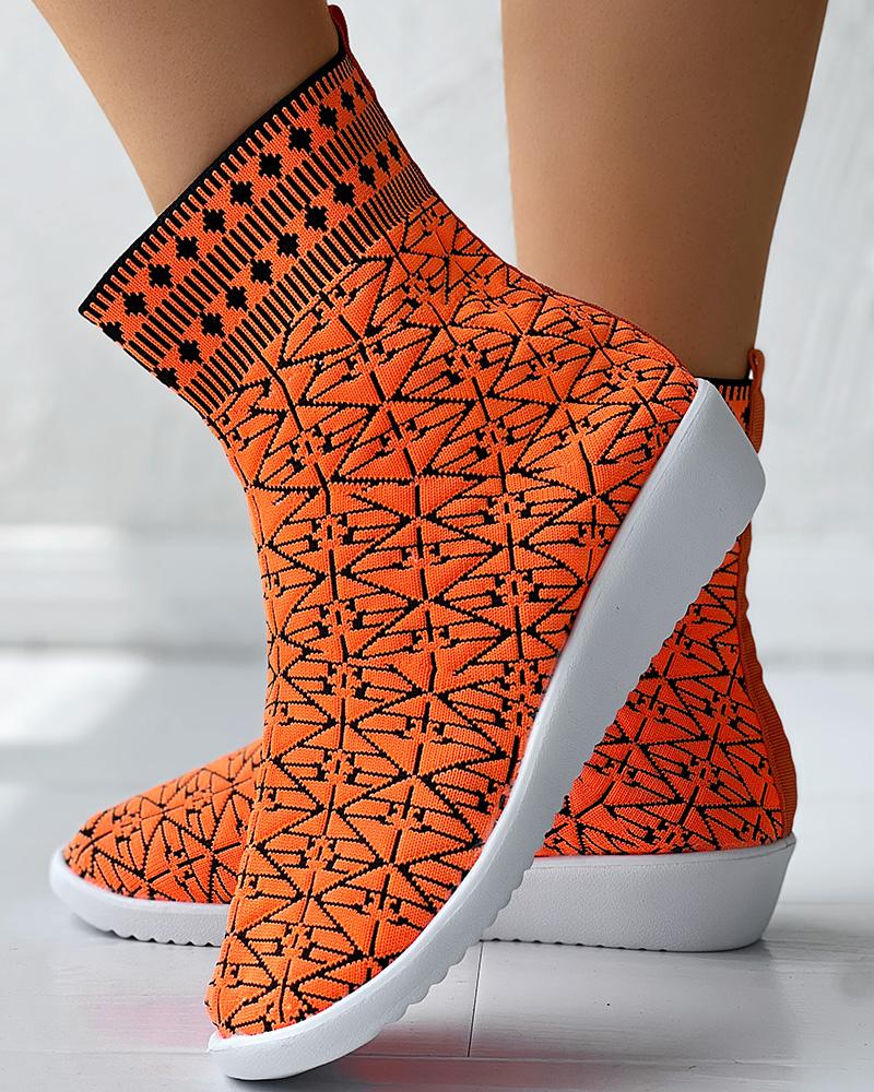 

Geometric Pattern Fly Knit Wedge Ankle Boots, Orange