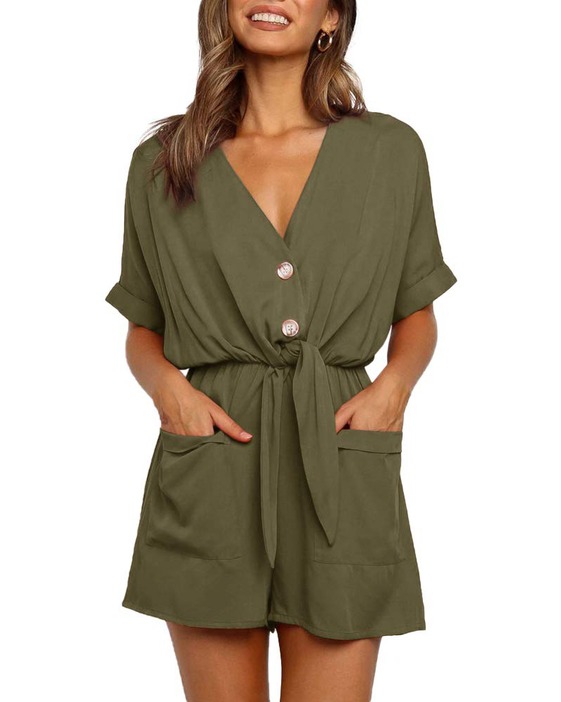 

V-Neck Pocket Design Tied Detail Romper, Army green