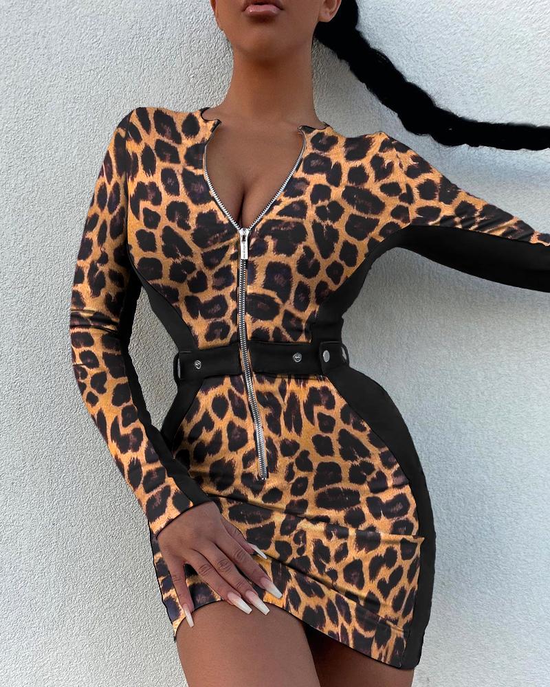 

Leopard Print Colorblock Denim Patch Zipper Design Long Sleeve Bodycon Dress