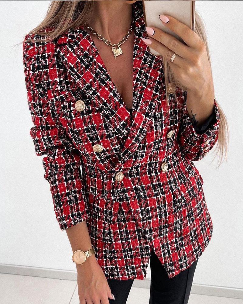 

Plaid Print Lapel Collar Double Breasted Tweed Blazer, Red