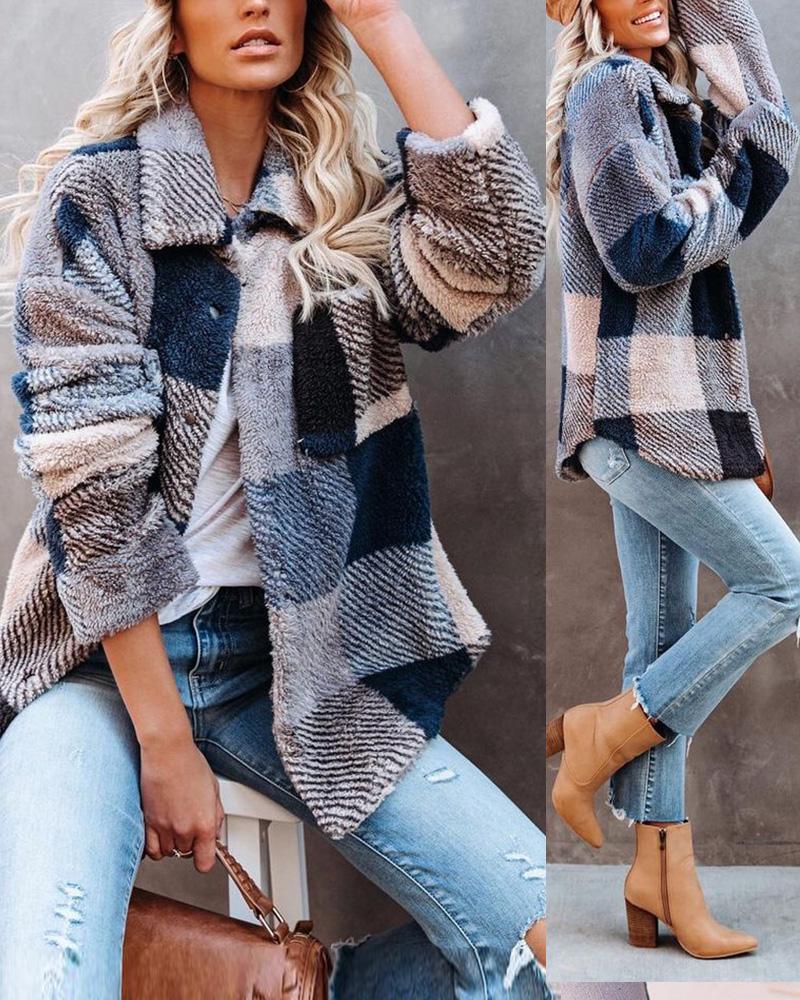 

Plaid Print Long Sleeve Pocket Design Shacket, Blue