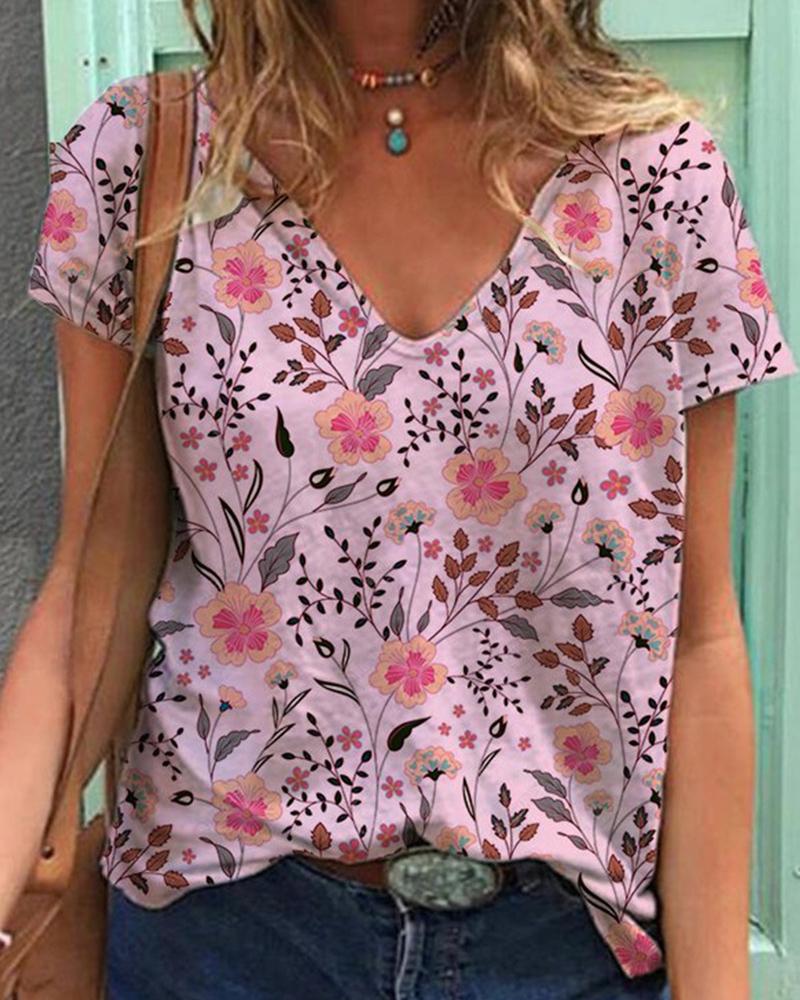 

Floral Print Short Sleeve T-shirt, Pink