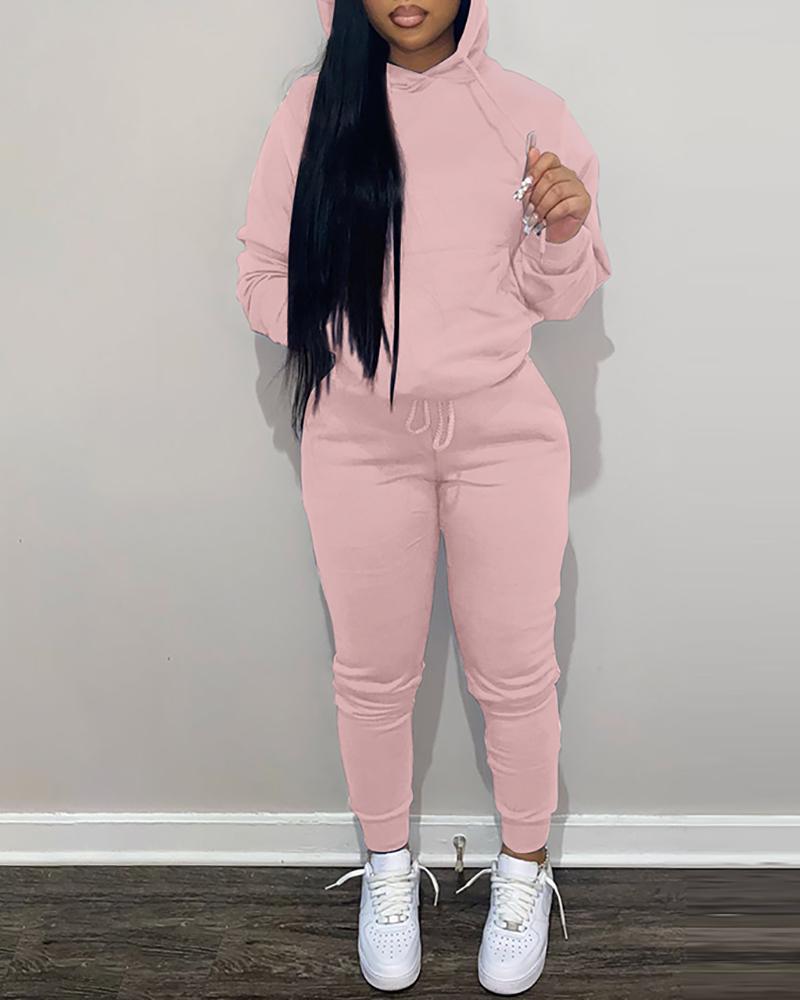 

Pocket Design Long Sleeve Hooded Sweatshirt & Pants Set, Pink