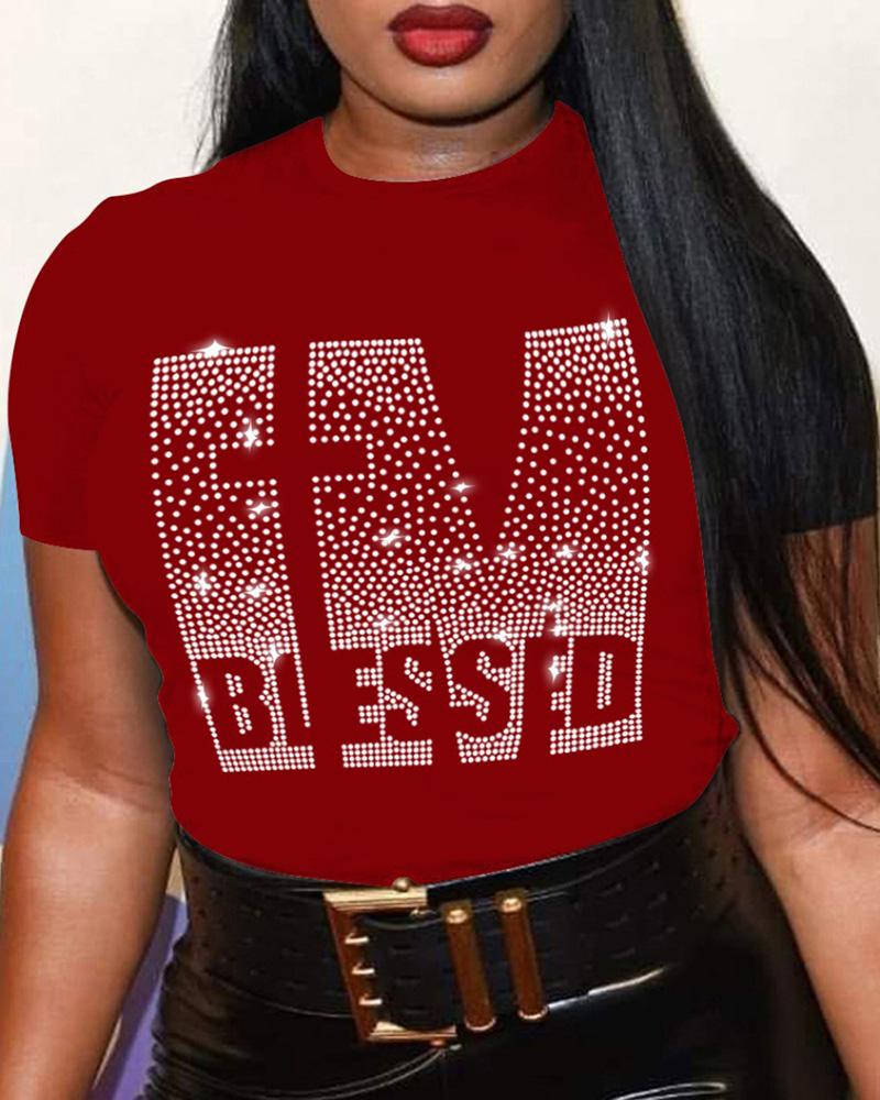 

Rhinestone Letter Pattern Short Sleeve T-shirt, Red