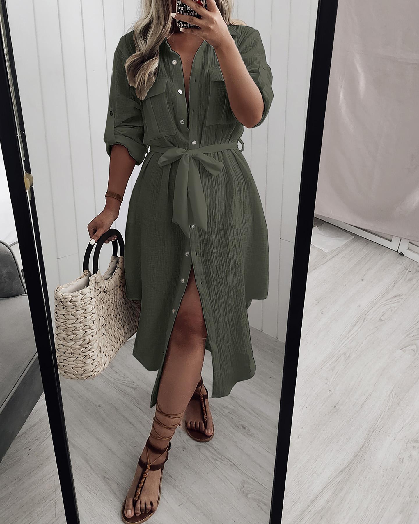 

Button Design Short Sleeve Shirt Dress, Army green