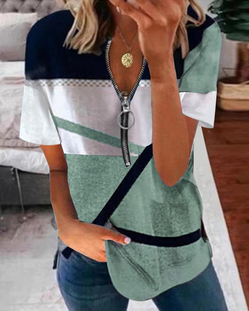 

Geometric Print Zip Front Casual T-shirt, Green