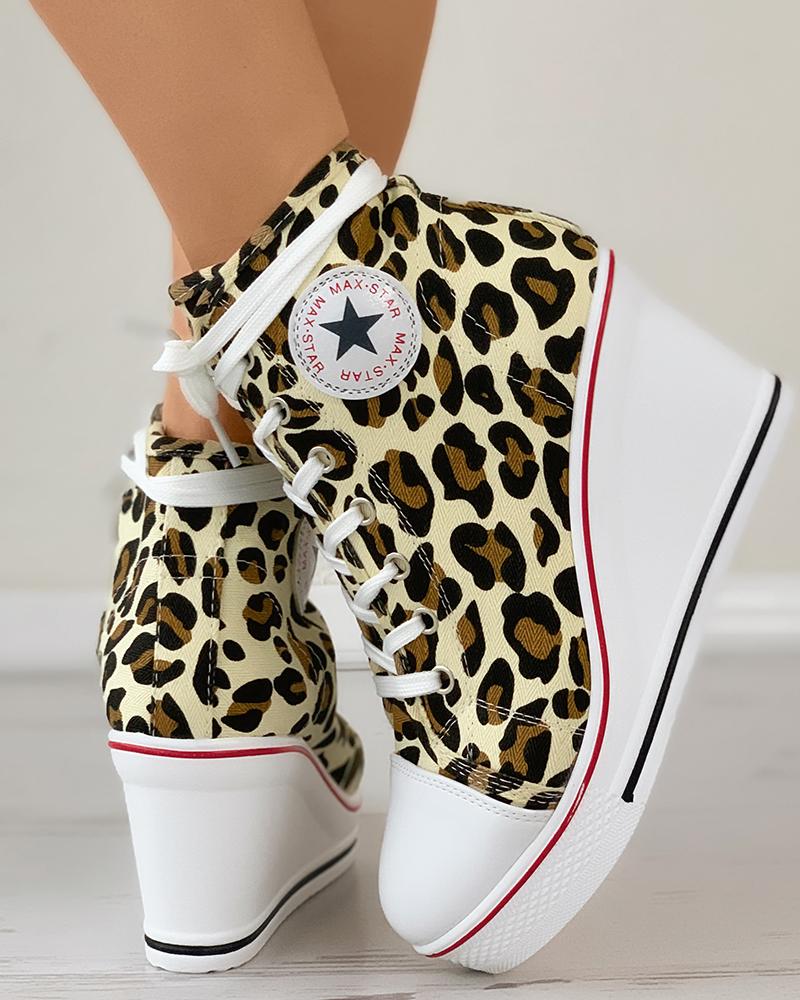 

Cheetah Print Eyelet Lace-up Canvas Wedge Shoes, Leopard