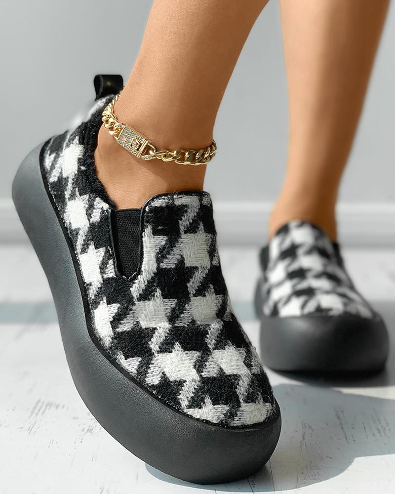 

Houndstooth Print Flatform Casual Slip On Shoes, Black